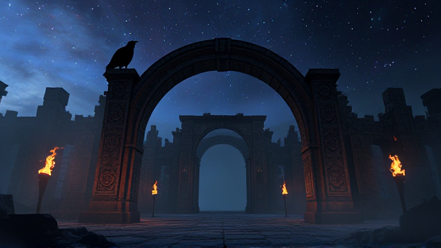 Créer une bannière, avec une ruine en dégradé ornée de motifs complexes et anciens, atmosphère brumeuse et mystique, de nuit avec un ciel étoilé, des torches enflammées illuminent les alentours avec une lumière dansante, un corbeau perché sur l'arche regardant fixement vers l'horizon, des ombres mouvantes au sol ajoutent au mystère
