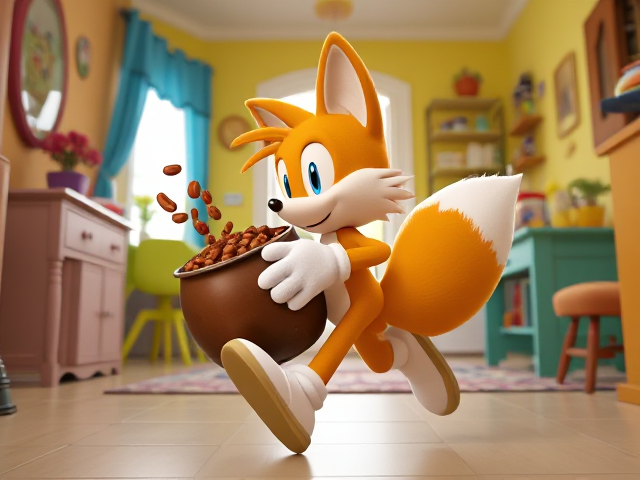 A side shot of a young and adorable depiction of a smaller, younger version of Miles "Tails" Prower the two-tailed fox wearing gloves and white socks. He is running through a brightly lit, colorful house with playful decorations and furniture, carrying a GIANT pot of baked beans that he didn't steal. Beans are splashing out of the pot as Tails mischievously looks behind him to ensure he isn't being chased. His two fluffy tails are flowing behind him dynamically, adding to the sense of motion and excitement in the scene. Tails is farting as he flees the scene