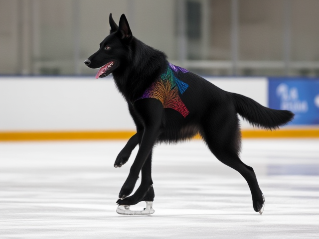 Tall, anthropomorphic black German shepherd, wearing a vibrant gymnastics leotard, gracefully ice skating on a smooth rink, dynamic motion captured