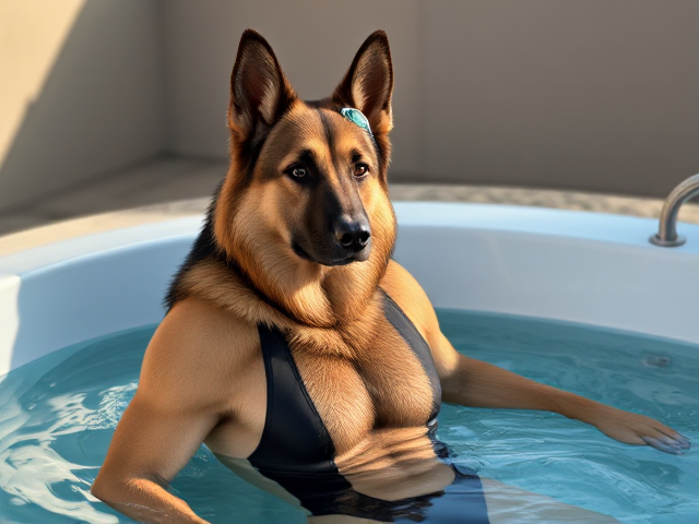 A tall and lean anthropomorphic long haired German shepherd with a long torso and broad shoulders wearing a high cut Nike one piece swimsuit and swimming goggles while sitting in a hot tub