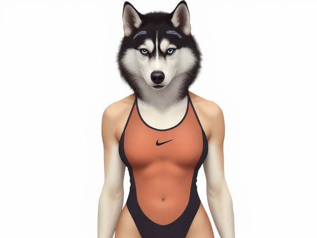 A tall Siberian Husky with a long torso and broad shoulders wearing a high cut Nike one piece swimsuit and swimming goggles