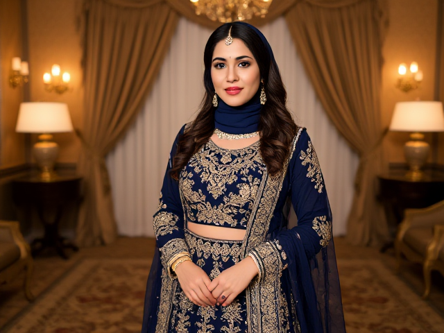 A woman wearing a hijab and a stunning navy blue and gold embroidered lehenga set in a luxurious, well-lit interior setting. She poses confidently, with intricate jewellery including a choker necklace and matching earrings. The lehenga features heavy embellishments and detailed patterns, and her hairstyle is soft, with waves cascading over one shoulder. The backdrop includes elegant curtains, plush carpets, and ambient lighting, creating a sophisticated and regal atmosphere.