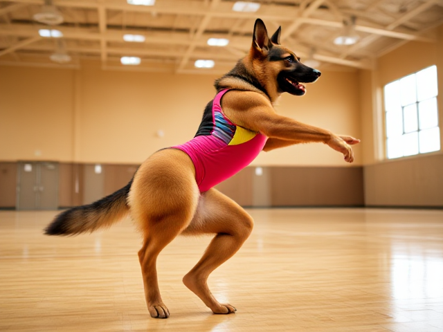 Anthropomorphic German shepherd with muscular hips, dressed in a vibrant gymnastics leotard, performing an athletic routine in a brightly lit gymnasium, dynamic action pose, ultra-high detail, vivid colors