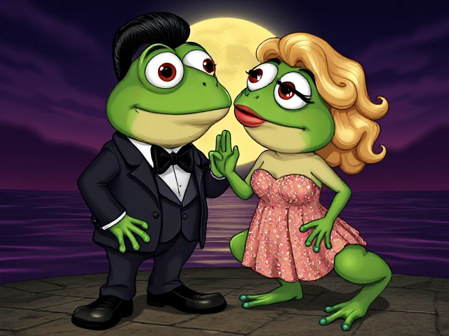 A very cartoon frog wearing a dark suit with slicked-back Elvis Presley hair, a handlebar mustache, and polished shoes, standing next to another frog in a strapless sequined dress with big eyelashes, blonde curly hair, and high heels. Their lips are puckered as if to kiss, with their eyes bulging out against a romantic moonlit background