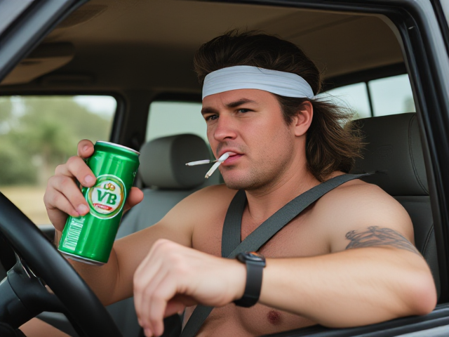 A quintessential Australian bogan male with a white singlet who has a mullet hairstyle who is driving a four wheel drive with a green can of VB beer in his hand and a cigarette in his mouth