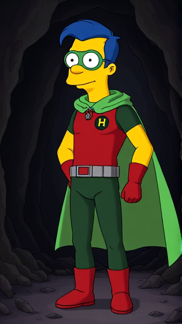 Cartoon scene: Milhouse Van Houten from The Simpsons, with his yellow skin, really big round nose, and blue hair that's slicked back and curled up at the top, but as a tall, 18-year old teenager, dressed as a parodied version of Robin, The Boy Wonder, with an extremely muscular body, wearing a dark green bodysuit with a red torso adorned with a small black circle with a light-green "H" symbol on his left pectoral, a silver utility belt with a red square buckle with silver pouches attached to it that hold all of his unique gadgets, red boots, red long-cuffed gloves, a really big, toe-length long, ultra-wide light-green cape wreathed around his neck held up by an inverted silver triangular button, and a light-green eye mask with optical lenses in it that protects his true identity, now known as Houseboy, The Nerd Wonder, the other half of Springfield's Dynamic Duo, and one of the greatest vigilante superheroes ever known in Springfield. In this scene, Houseboy is currently standing in a dark cavern, searching for a lost citizen that has been kidnapped.