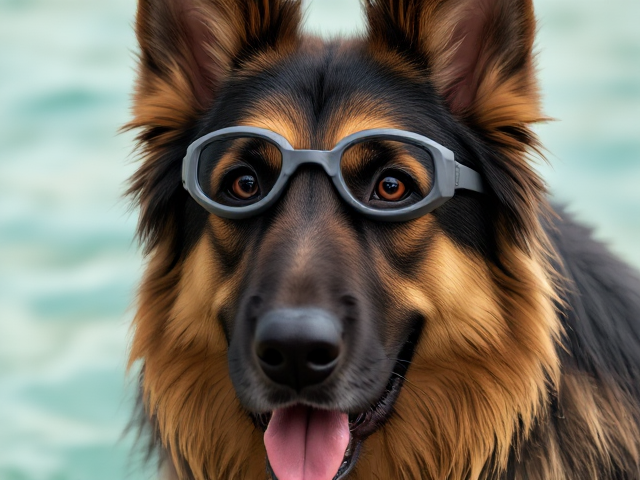 A long haired German shepherd wearing swimming goggles