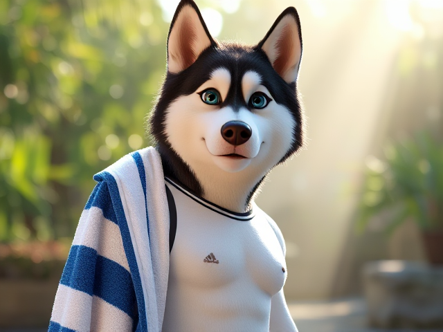 A tall anthropomorphic Siberian husky wearing a adidas swimsuit drying off with a towel 27826409