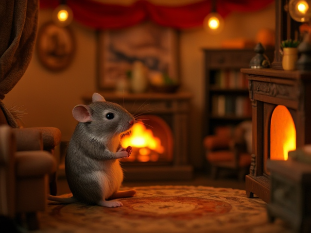 Mouse sitting in a cozy, warmly lit room with a small fireplace, surrounded by tiny furniture like a miniature armchair and bookshelf, decorated with soft textiles and warm colors