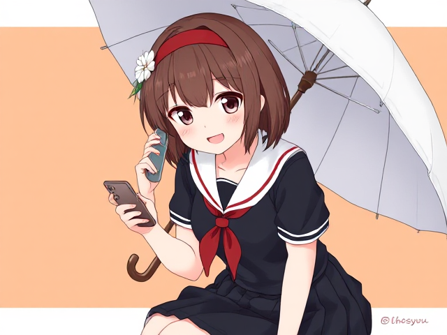 1girl :d ahoge black_serafuku black_skirt blush brown_eyes brown_hair cellphone collarbone commentary cowboy_shot eyebrows_visible_through_hair flower hair_between_eyes headband holding holding_phone kantai_collection leaf looking_at_viewer neckerchief open_mouth phone pleated_skirt red_neckwear sailor_collar school_uniform serafuku shiratsuyu_(kantai_collection) short_hair short_sleeves sitting skirt smartphone smile solo striped striped_background sugue_tettou twitter_username two-tone_background umbrella white_sailor_collar