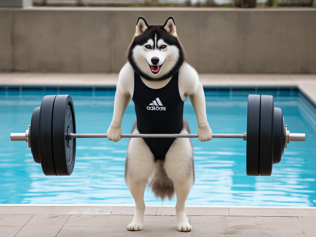 A anthropomorphic Siberian husky wearing an adidas swimsuit deadlifting a barbell on a pool deck