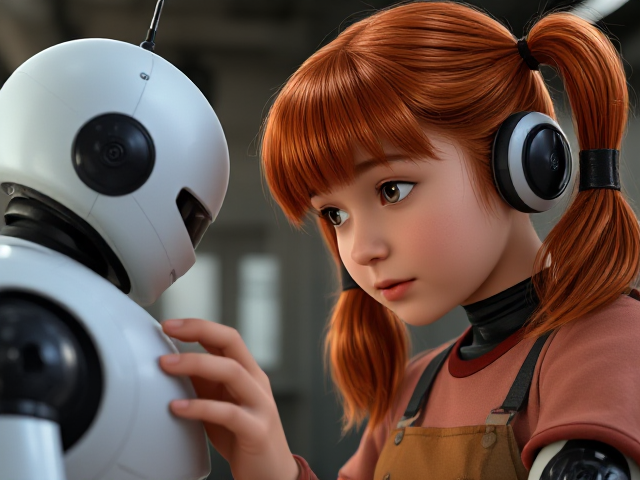 Red hair girl with pigtails fixing robot