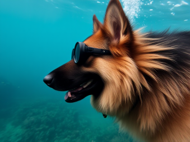 A long haired German shepherd scuba diving