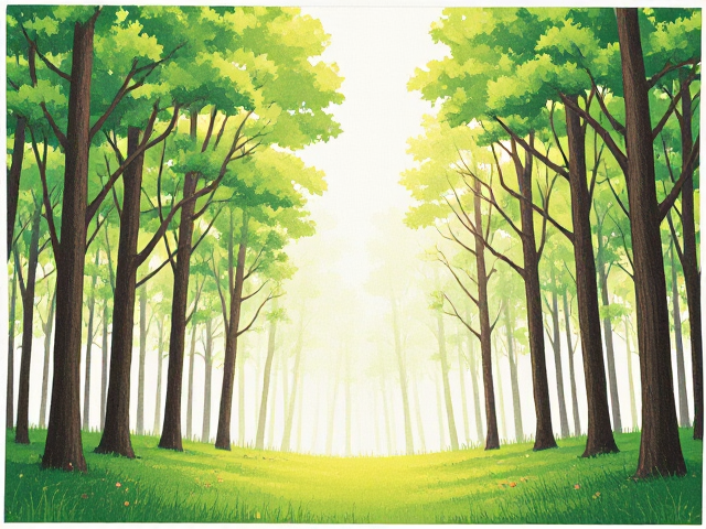 Une toile, un tableau, Une peinture d’une forêt très facile. Rayon de lumière blanc et jaune, ambiance verte, arbre plus herbe.