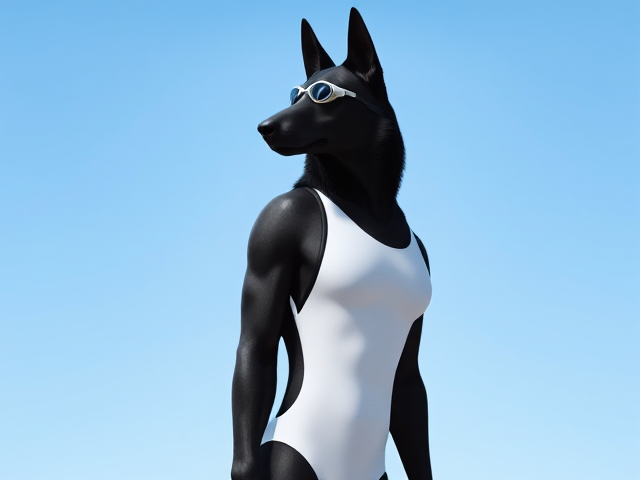 A tall and lean anthropomorphic black German shepherd with a long torso and broad shoulders wearing a white high cut Nike one piece swimsuit and swimming goggles