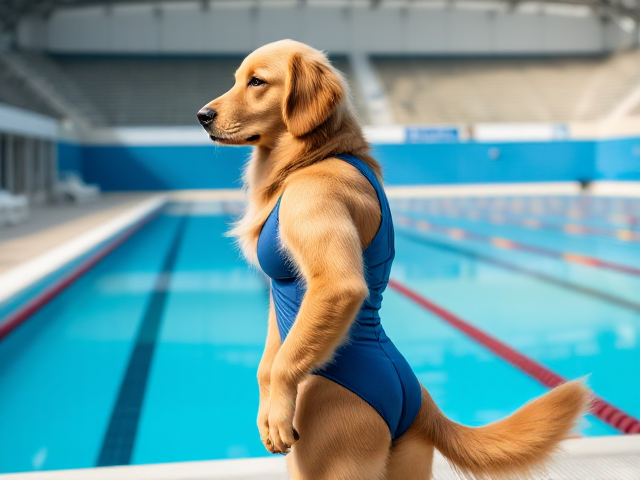 Anthropomorphic golden retriever with pronounced hips, wearing a stylish swimsuit, standing confidently by an Olympic swimming pool, ultra-detailed and vibrant colors, realistic lighting and reflections
