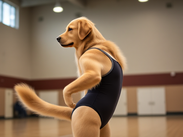 Anthropomorphic golden retriever with large hips, wearing a gymnastics leotard, in a gymnasium setting, detailed and vibrant