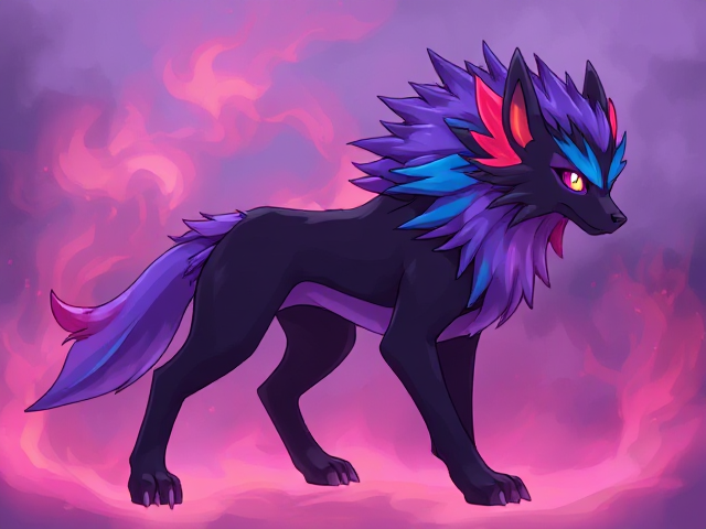 Pokemon. Looks like zacian. Purple fire. Badass looking. Spikey hair. Colored purple blue red and teal Looks way more like a full grown wolf/hound now. big and intimidating almost to an adult but not quite yet. Third form. A little more developed than the last. Third eye starting to form but not quite in the middle of head . Translucent fire now flow over both the eyes. Body stays blackish purple