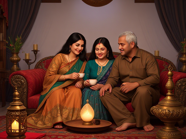 Generate a detailed, artistic illustration of a multigenerational Indian family in a warm, intimate setting. The scene should feature three individuals: a mature woman in her 55s with black hair and sensual posture, her daughter in her 35s with long flowing hair adorned with traditional ornaments, and her son-in-law dressed in traditional Muslim attire—think flowing, intricately embroidered kurtas for the women with vibrant colors like emerald green and royal blue, matching dupattas draped gracefully over their shoulders, and salwar kameez for the man with gold accents. Focus on rich fabrics such as silk and velvet, and intricate cultural motifs including paisley patterns and delicate handwork embroidery. The setting should be cozy and inviting, perhaps a softly lit room filled with warm tones from lanterns casting a golden glow, richly colored carpets underfoot, antique wooden furniture with detailed carvings, ornate brass lamps on tables, and embroidered cushions in deep reds and blues scattered around. The mood should be serene and affectionate; the family members are seated close together on an ornate sofa or large floor cushions sharing laughter or stories over tea served in traditional ceramic cups. Emphasize strong family bonds and cultural heritage through expressions of love and contentment on their faces. Avoid any explicit or inappropriate content; focus on elegance, warmth, respect, natural beauty without excessive makeup or modern accessories