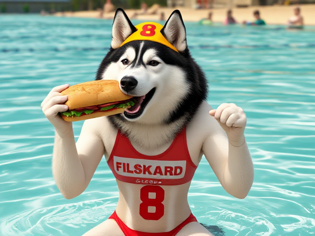 A anthropomorphic Alaskan malamute wearing a lifeguard one piece swimsuit eating a sub sandwich