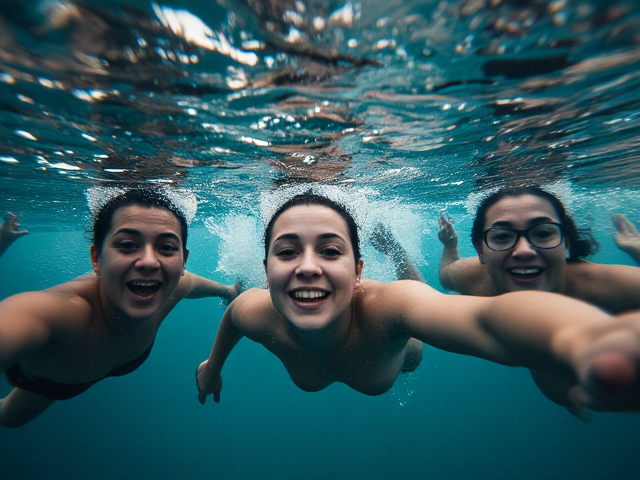 People swimming underwater close up