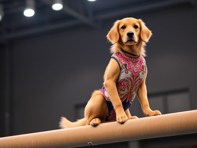 Anthropomorphic Golden Retriever in a vibrant, intricately designed gymnastics leotard with elegant patterns and shimmering details, posing gracefully on a gymnastics beam amidst a softly lit background with highlights of motion and agility