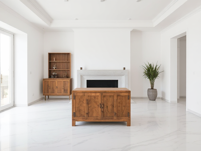 une photo avec un coffre en bois au milieu  d'un salon blanc sans décore juste des moulures au murs et au plafond le sol est du marbre blanc