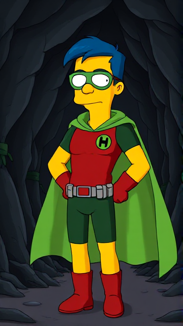 Cartoon scene: Milhouse Van Houten from The Simpsons, with his yellow skin, really big round nose, and blue hair that's slicked back and curled up at the top, but as a tall, 18-year old teenager, dressed as a parodied version of Robin, The Boy Wonder, with an extremely muscular body, wearing a dark green bodysuit with a red torso adorned with a small black circle with a light-green "H" symbol on his left pectoral, a silver utility belt with a red square buckle with silver pouches attached to it that hold all of his unique gadgets, red boots, red long-cuffed gloves, a really big, toe-length long, ultra-wide light-green cape wreathed around his neck held up by an inverted silver triangular button, and a light-green eye mask with optical lenses in it that protects his true identity, now known as Houseboy, The Nerd Wonder, the other half of Springfield's Dynamic Duo, and one of the greatest vigilante superheroes ever known in Springfield. In this scene, Houseboy is currently standing in a dark cavern, searching for a lost citizen that has been kidnapped.