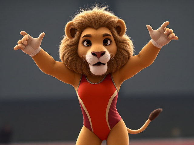 A anthropomorphic lion Olympic gymnast wearing a leotard