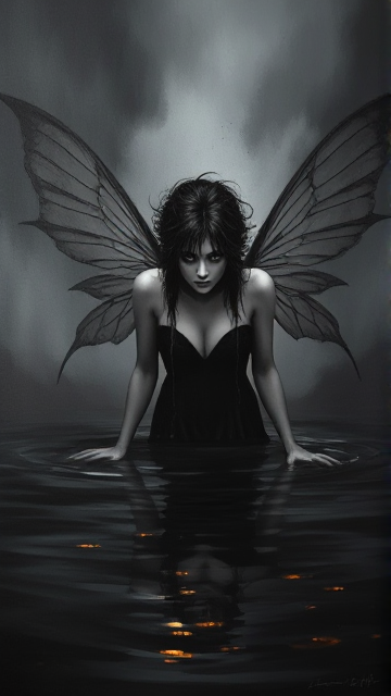 An image of a elegant art of a dark fantasy painting of a hauntingly beautiful fairy emerging from a shadowy, reflective body of water, her piercing gaze intense and otherworldly, with tattered, ink-like wings dissolving into the stormy, textured background; her wild, dripping hair and smudged, gothic makeup enhance the eerie atmosphere, while the monochromatic palette with hints of glowing amber light adds a surreal, ethereal contrast, highly detailed, 4K resolution. Style painting. Highly detailed, perfect wide long shot visual masterpiece; Hand signed by "Challenge2pt" on the bottom right corner with a white marker. Date 17.03.2025