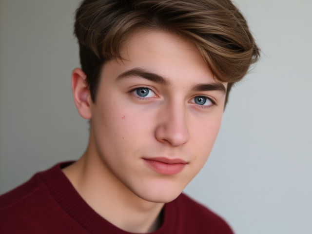 un adolecent qui porte un pull rouge bordeau, il a des yeux bleu, des cheveux brund moyennement long et avec des noeuds, il a aussi un gros nez et des boutons d'acnée