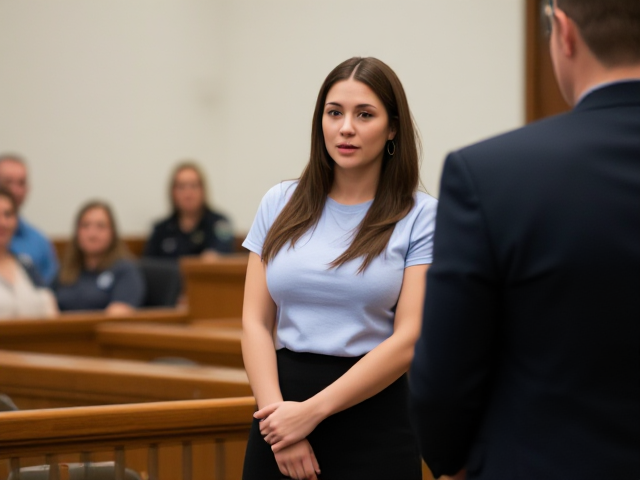 Brunette wearing a light blue t shirt and a black skirt receives news of her sentence in court