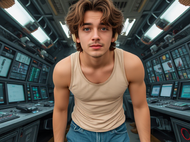 Sceencap of a Maori, European, 18 year old male, fit bodytyoe, with greyish blue eyes, mid-length shaggy layered curly hair, with curly brown fringe covering forehead, silver eyebrow piercing, silver earring on left ear, slightly visible mustache  wearing a beige tank top, blue baggy jeans, and brown leather boots., with beige headphones on wide angle, full body portrait, hiding from killer