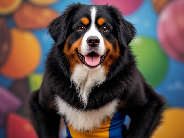 Anthropomorphic Bernese mountain dog wearing a colorful, sleek leotard, standing confidently with a lively background, detailed fur texture, expressive eyes