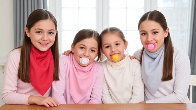 Quatres filles adolescentes assise a table avec des grandes serviette en papier autour du cou à motifs de différentes couleurs et des tétines en bouche de différentes couleurs elles ont les cheveux lisses et dégagé à l’avant elles sont en pyjamas simple et il y a une grande fenêtre derrière la table et elles se font un gros câlin