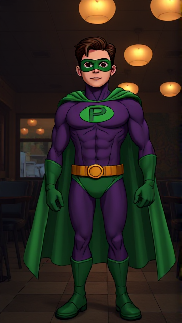 Dramatic Comic Book Cartoon scene: A young, Autistic 25-year old boy with light skin and flat, smooth, and slick brown hair with a singular curled bang in the shape of a P sticking out at the front named T.J. Granger, but transformed into a genetically-altered superhero named Powerman, who, despite still being a young adult kid, has an extremely muscular body. He wears a sleek purple bodysuit with a green P symbol on his chest, a golden belt with a circular buckle, green briefs, green boots, green long-cuffed gloves, a really big, toe-length long, ultra-wide green cape wreathed around his neck, and a green eye mask that protects his true identity. He also has incredible and invincible superpowers flowing through his veins. In this scene, Powerman is currently standing in a dark, abandoned restaurant at night by himself, intently awaiting the arrival of someone he knows.