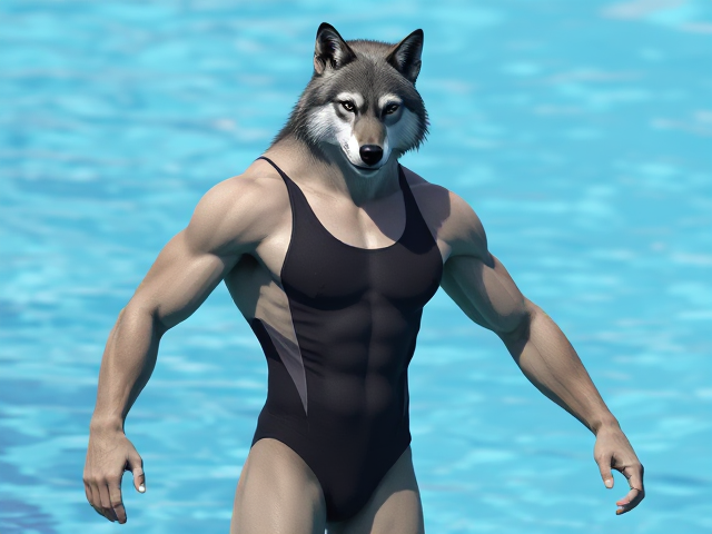 A tall gray wolf Olympic swimmer with long arms, short legs, broad shoulders and a long torso wearing a leotard swimsuit