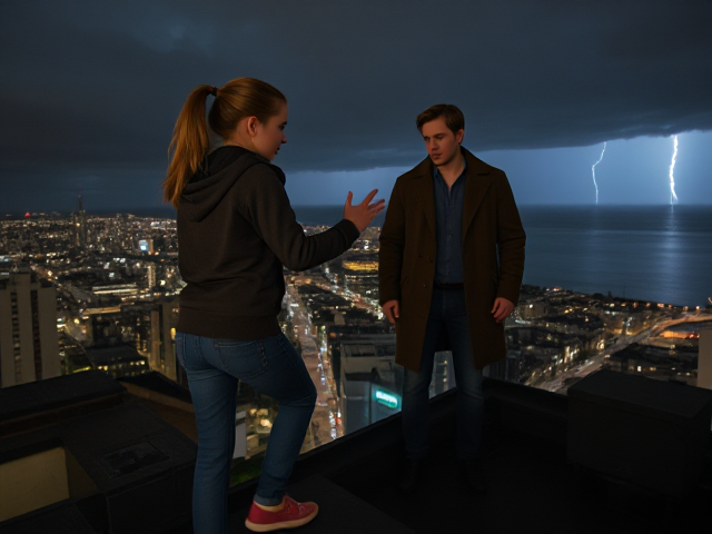 A petite 13-year-old girl with strawberry blonde hair in a ponytail, wearing a hooded pullover and jeans, is stepping onto the roof ledge of a night club. Next to her on the roof, behind her, is a modern-day, pale skinned vampire in his late twenties, with blonde hair, dressed in a brown trench coat and jeans. He appears uneasy as he looks at her. The girl gestures angrily at him, flailing her arms. A thunderstorm approaches the cityscape from the sea shore. Set at night.