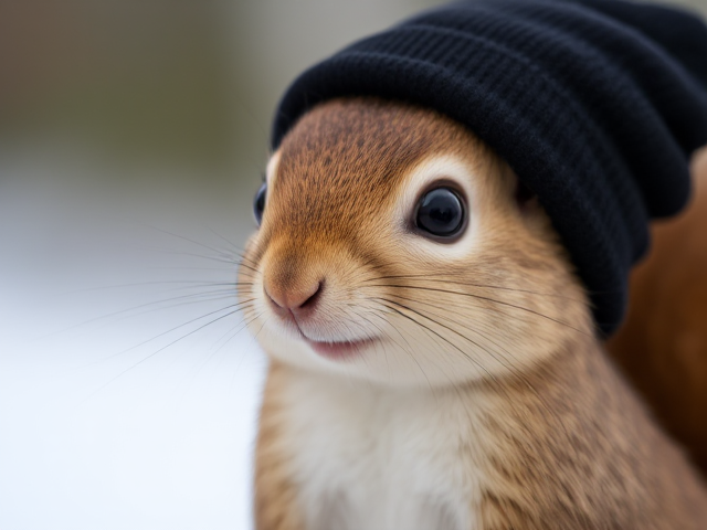 cartoon squirrel wearing a black beanie hat