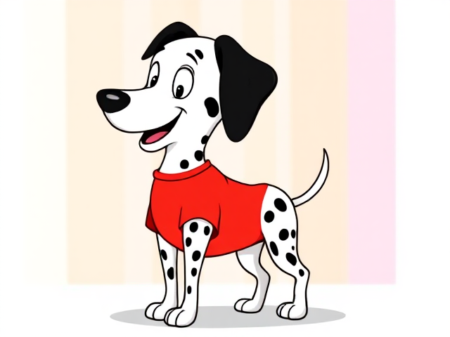 Cartoon dalmatian dog with a joyful expression, wearing a bright red T-shirt, standing confidently, no pants, colorful background