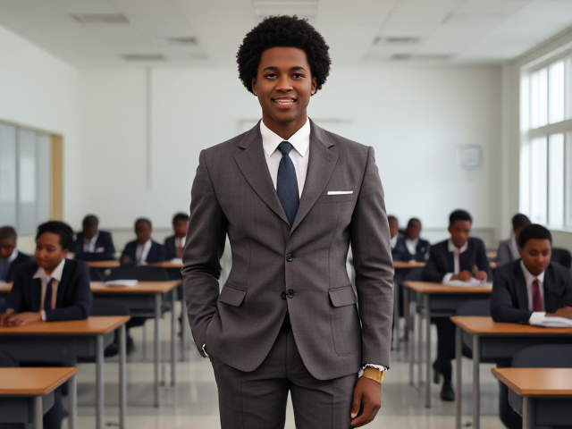 Un enseignant afro-américain en costume, debout devant une salle de classe moderne et lumineuse, avec des élèves noirs assis à leurs bureaux, souriant et attentifs