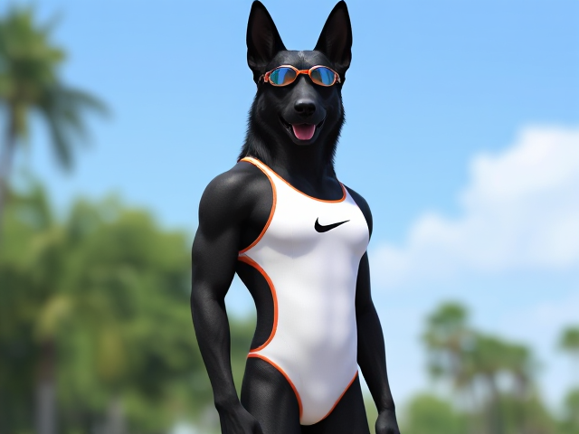 A tall and lean anthropomorphic black German shepherd with a long torso and broad shoulders wearing a white high cut Nike one piece swimsuit and swimming goggles