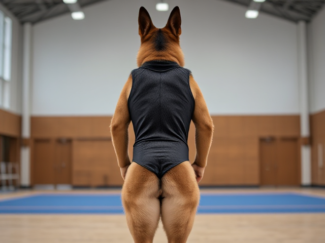 A anthropomorphic German shepherd with a strong butt wearing a gymnastics leotard in a gymnasium