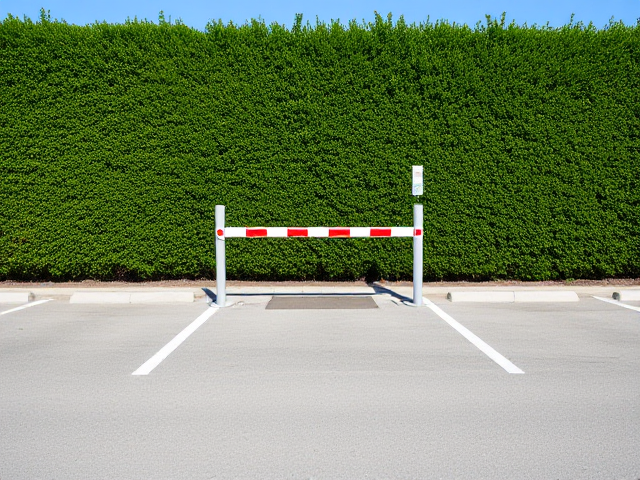 Une place de parking vide avec une haie verte bien taillée en arrière-plan, une place de parking au milieu réservée avec une barrière de péage devant place de parking, ciel bleu et clair