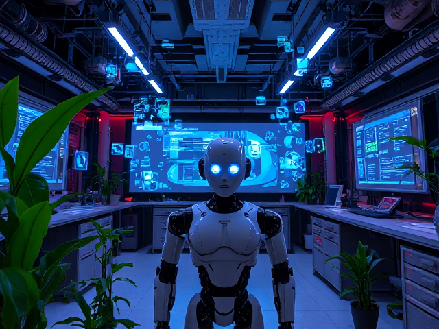 prompt: A futuristic machine learning laboratory with advanced AI systems, intricate neural networks and holographic data displays. The room is filled with a mix of sleek, metallic machinery and green plants creating an intriguing contrast. In the center stands a humanoid robot with glowing blue eyes, looking as if it's in deep thought while interacting with the floating holograms. The background showcases large screens displaying complex algorithms and data streams. The scene is set in a cyberpunk style with neon lighting, casting dramatic shadows across the lab. The camera angle is at eye level capturing the robot’s intense leer into its artificial world.