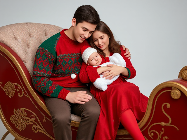 A realistic family scene featuring a young couple and their baby sitting on a beautifully crafted Santa’s sleigh. The man is seated slightly at an angle, his head gently tilted to the side, with a warm and loving expression. The woman is sitting close to him, leaning her head softly on his shoulder, exuding affection and comfort. The baby is lying across both their laps, nestled securely as the parents lovingly hold the baby together.

The man is dressed in a festive red and green Christmas sweater paired with cozy winter pants, while the woman wears an elegant, warm red dress with subtle snowflake patterns and tights. The baby is in an adorable Santa Claus outfit, complete with a matching hat and tiny booties. The sleigh is detailed with intricate golden patterns, giving it a magical and festive feel. The scene captures the warmth, love, and joy of the holiday season with a focus on photorealistic details and cozy, heartfelt poses.