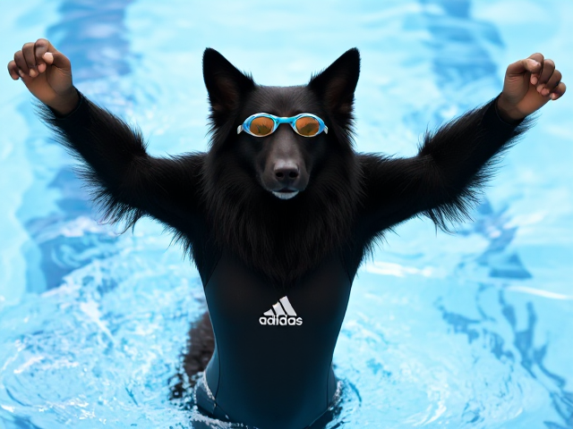 A tall anthropomorphic long haired black German shepherd wearing an adidas swimsuit and swimming goggles stretching her arms out straight into the air before a swim