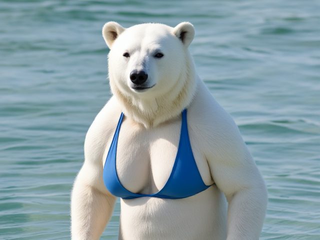 A anthropomorphic polar bear wearing a high cut swimsuit