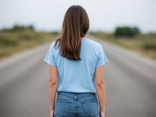 Brunette wearing a light blue t shirt and blue jeans