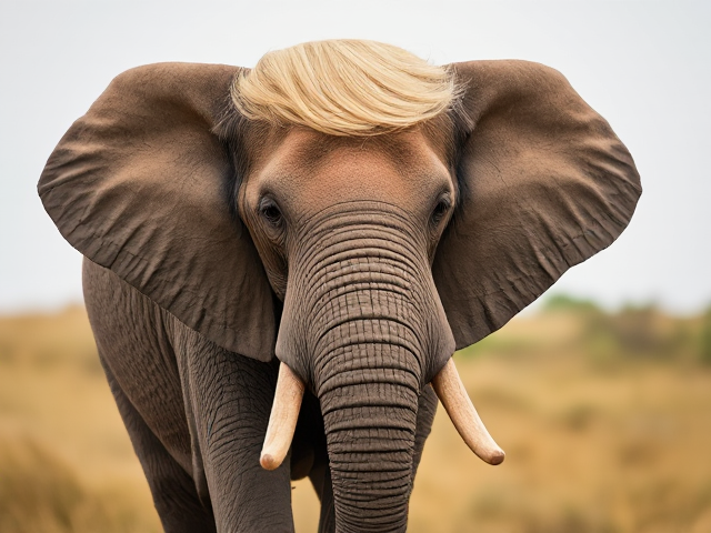 An elephant with Trump hair